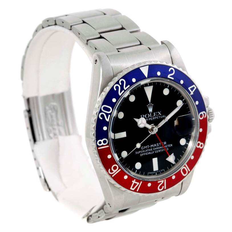 This image displays a side angle of the Rolex GMT-Master 1675 Men's Stainless Steel Black Dial 1675 Men's Stainless Steel Black Dial watch, highlighting the watch face, bezel, and bracelet.
