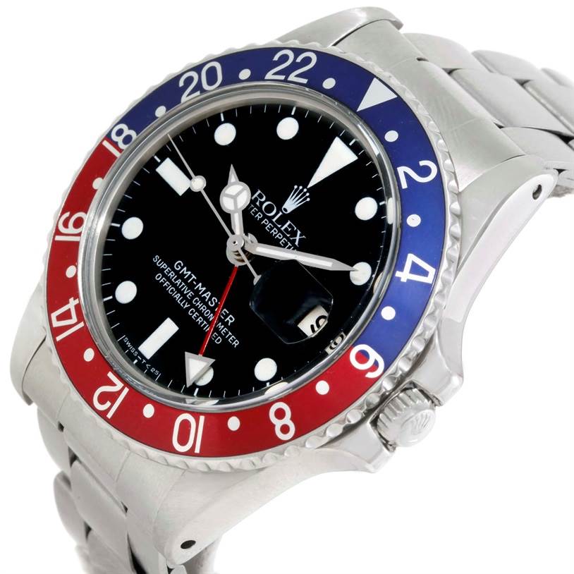 The image shows a front angle of the Rolex GMT-Master 1675 Men's Stainless Steel Black Dial 1675 Men's Stainless Steel Black Dial watch, highlighting the bezel, dial, bracelet, and crown.