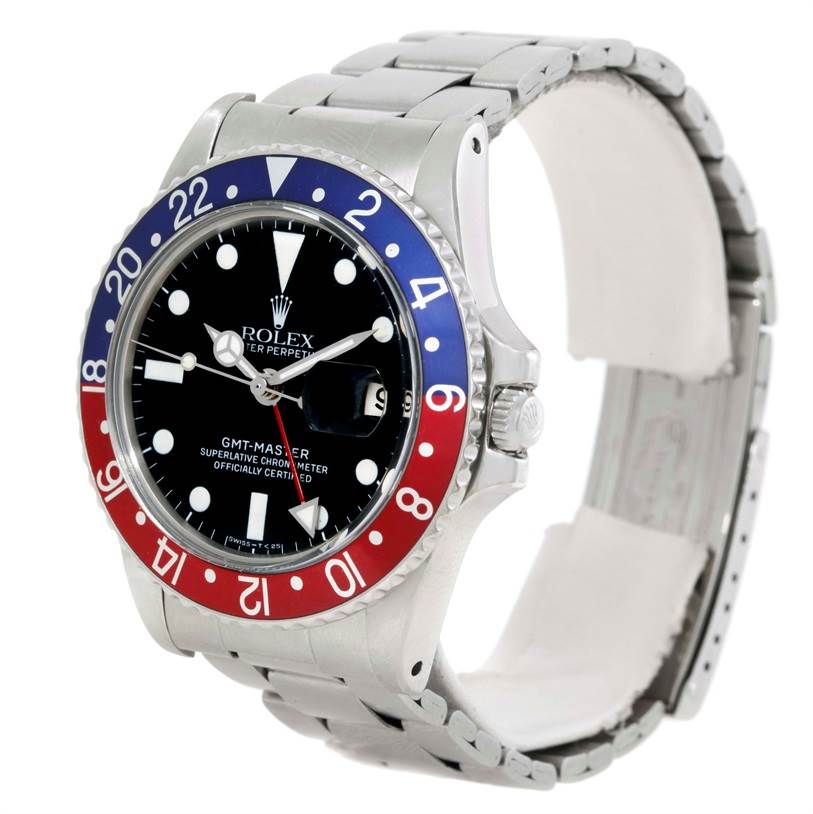 The Rolex GMT-Master 1675 Men's Stainless Steel Black Dial 1675 Men's Stainless Steel Black Dial watch is shown at a three-quarter angle, displaying the face, bezel, crown, and bracelet.