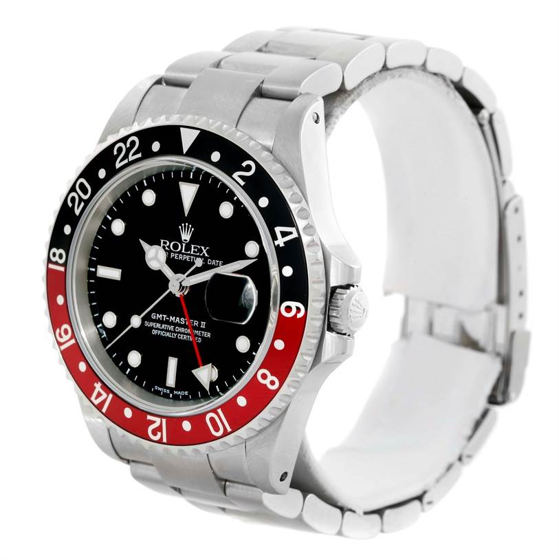The image shows a front-side angle of a Rolex GMT-Master 16710 Men's Stainless Steel Black Dial 16710 Men's Stainless Steel Black Dial II watch, highlighting the bezel, dial, and bracelet.