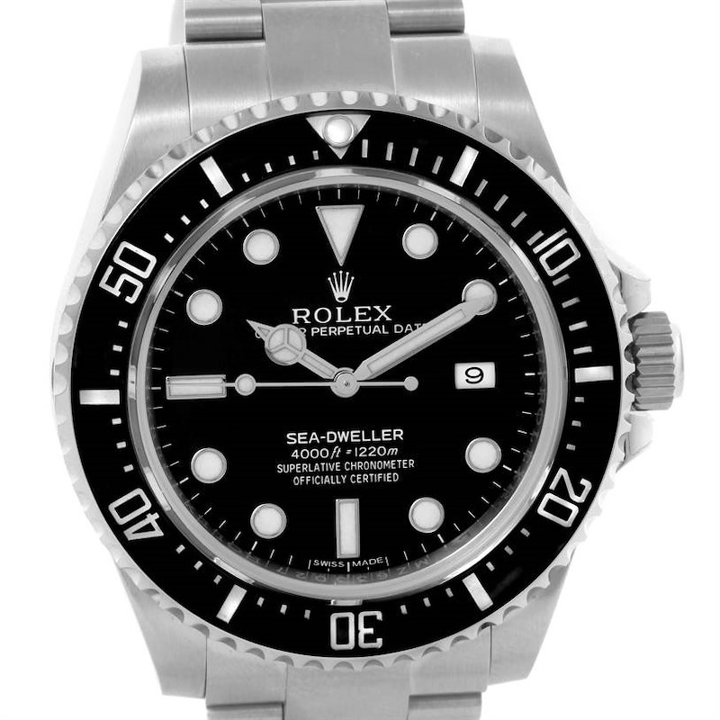 This image shows the front view of the Rolex Sea-Dweller watch, showcasing its dial, bezel, and part of the bracelet.