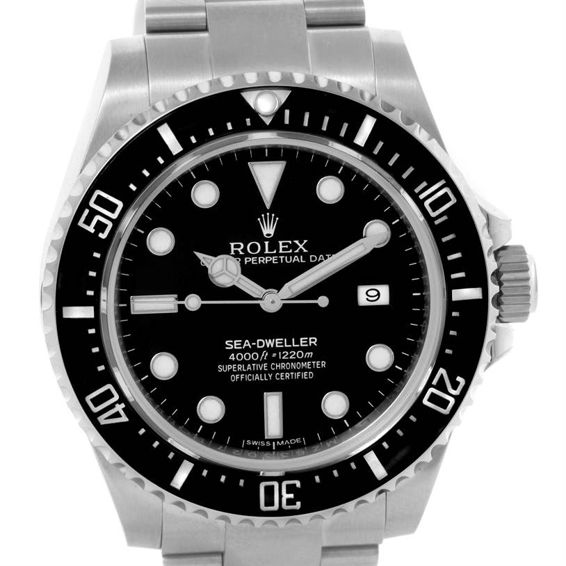 This image shows the front view of the Rolex Sea-Dweller 116600 Men's Stainless Steel Black Dial 116600 Men's Stainless Steel Black Dial watch, showcasing its dial, bezel, and part of the bracelet.
