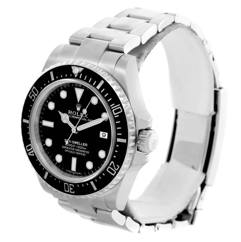 The image shows the Rolex Sea-Dweller 116600 Men's Stainless Steel Black Dial 116600 Men's Stainless Steel Black Dial watch at a slight angle, prominently displaying the face, bezel, crown, and part of the bracelet.
