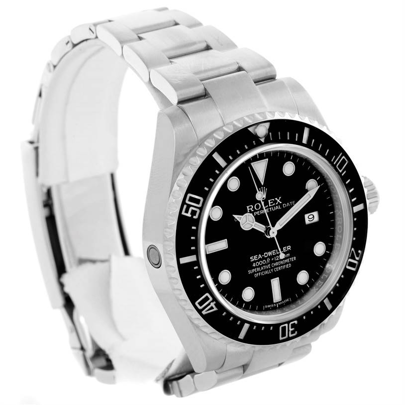 The Rolex Sea-Dweller 116600 Men's Stainless Steel Black Dial 116600 Men's Stainless Steel Black Dial watch is shown at an angled view, displaying the watch face, bezel, and part of the bracelet.