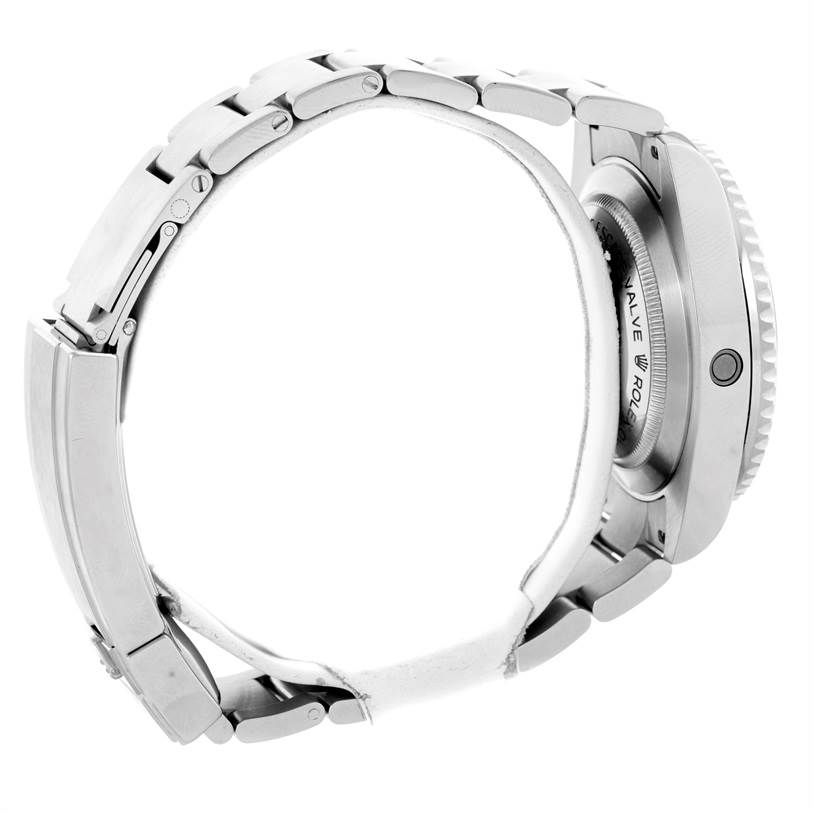 The image shows a side view of the Rolex Sea-Dweller 116600 Men's Stainless Steel Black Dial 116600 Men's Stainless Steel Black Dial watch, focusing on the bracelet, crown, and helium escape valve.
