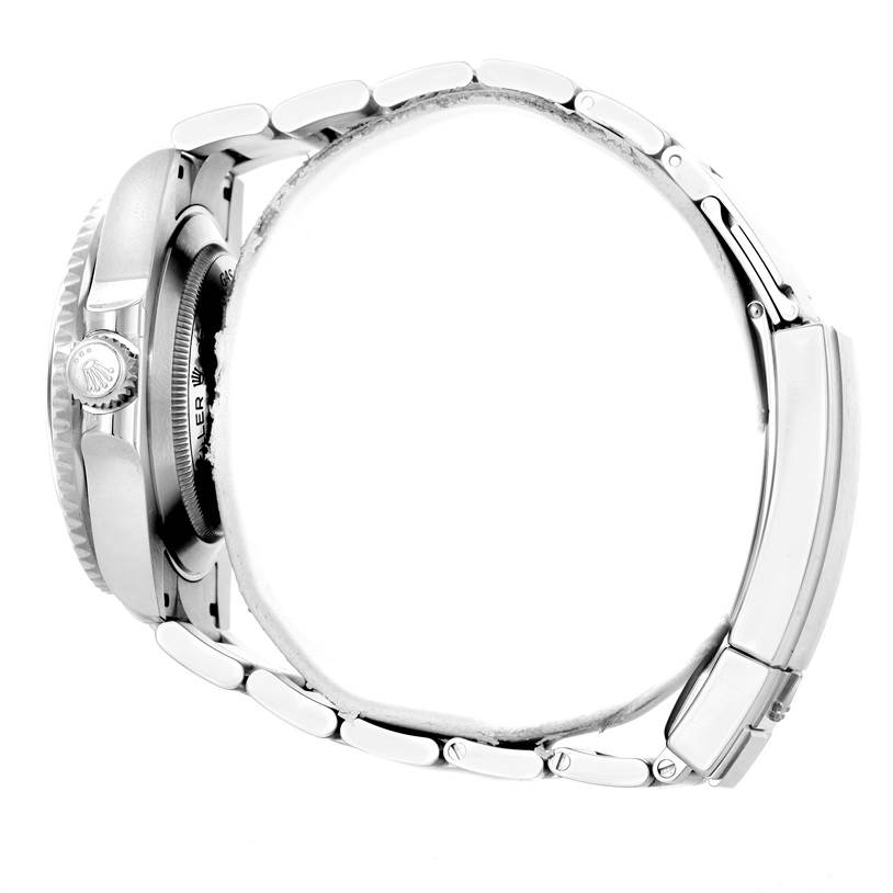 This side view of a Rolex Sea-Dweller 116600 Men's Stainless Steel Black Dial 116600 Men's Stainless Steel Black Dial watch shows the crown, case, and bracelet.