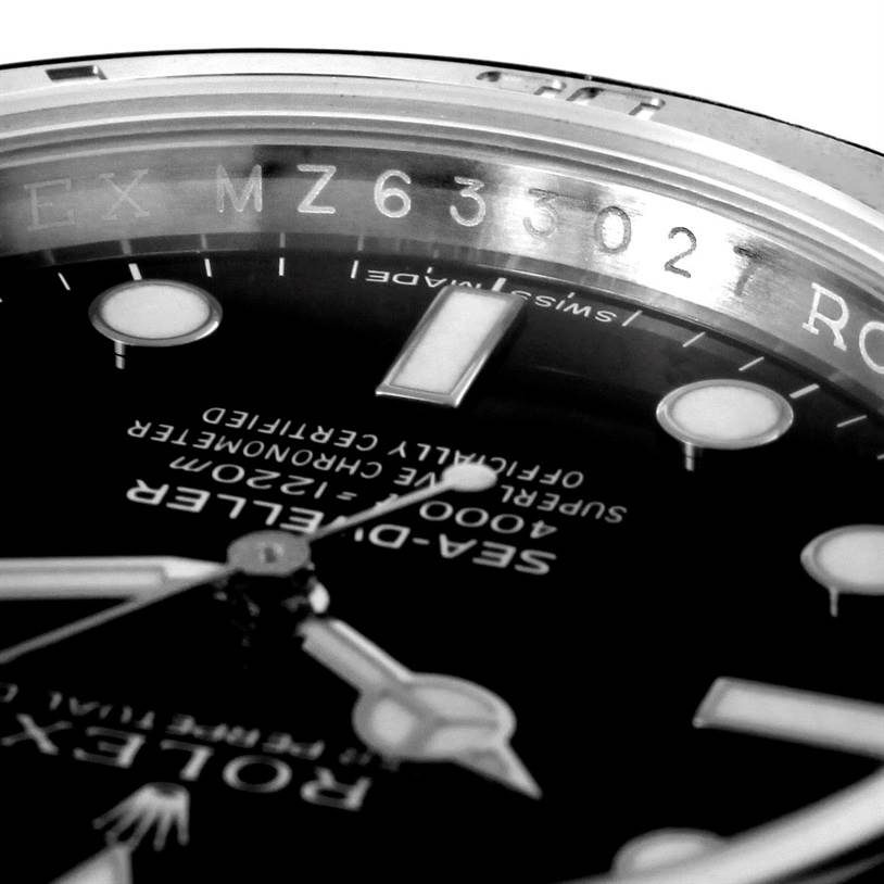 The image shows a close-up angle of the dial, hands, and chapter ring with engraved serial number of the Rolex Sea-Dweller 116600 Men's Stainless Steel Black Dial 116600 Men's Stainless Steel Black Dial watch.