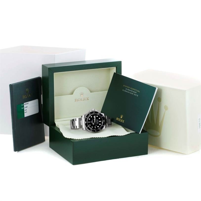 The image shows a Rolex Sea-Dweller 116600 Men's Stainless Steel Black Dial 116600 Men's Stainless Steel Black Dial watch placed in its original box with accompanying booklets and outer packaging visible.