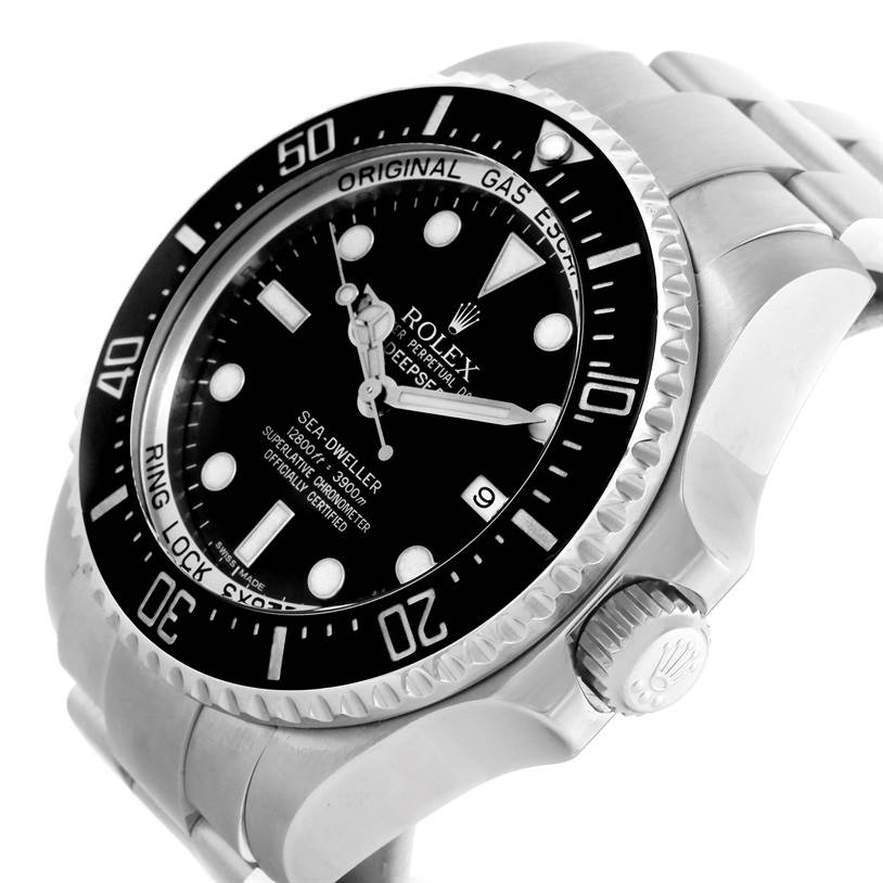 The image shows a close-up angled view of the Rolex Sea-Dweller 116660 Men's Stainless Steel Black Dial 116660 Men's Stainless Steel Black Dial watch, highlighting the dial, bezel, and crown.