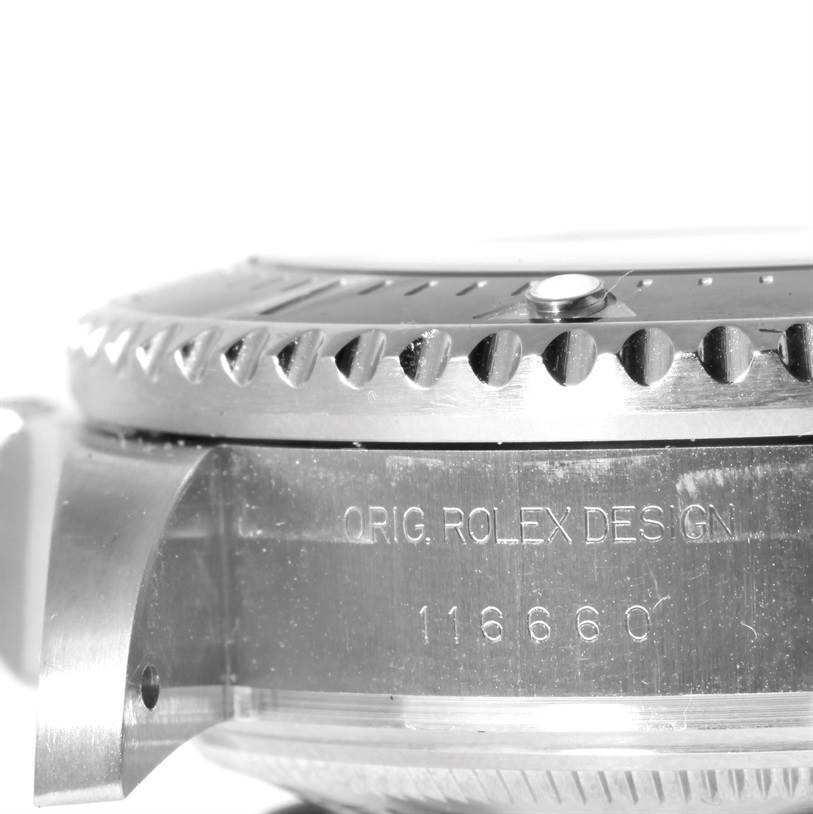 This image shows a close-up side view of the bezel and case of the Rolex Sea-Dweller 116660 Men's Stainless Steel Black Dial 116660 Men's Stainless Steel Black Dial model.