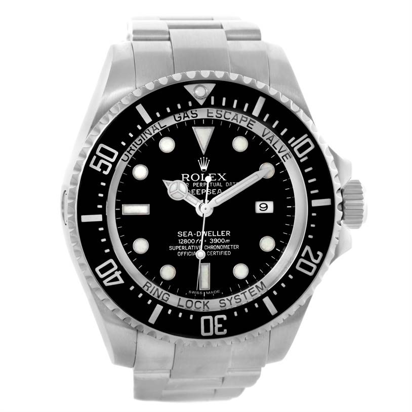 The image shows a front view of the Rolex Sea-Dweller 116660 Men's Stainless Steel Black Dial 116660 Men's Stainless Steel Black Dial watch, highlighting its bezel, dial, and bracelet.