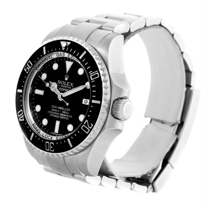 The image shows a side and front view of a Rolex Sea-Dweller 116660 Men's Stainless Steel Black Dial 116660 Men's Stainless Steel Black Dial watch, highlighting the bezel, crown, and bracelet.
