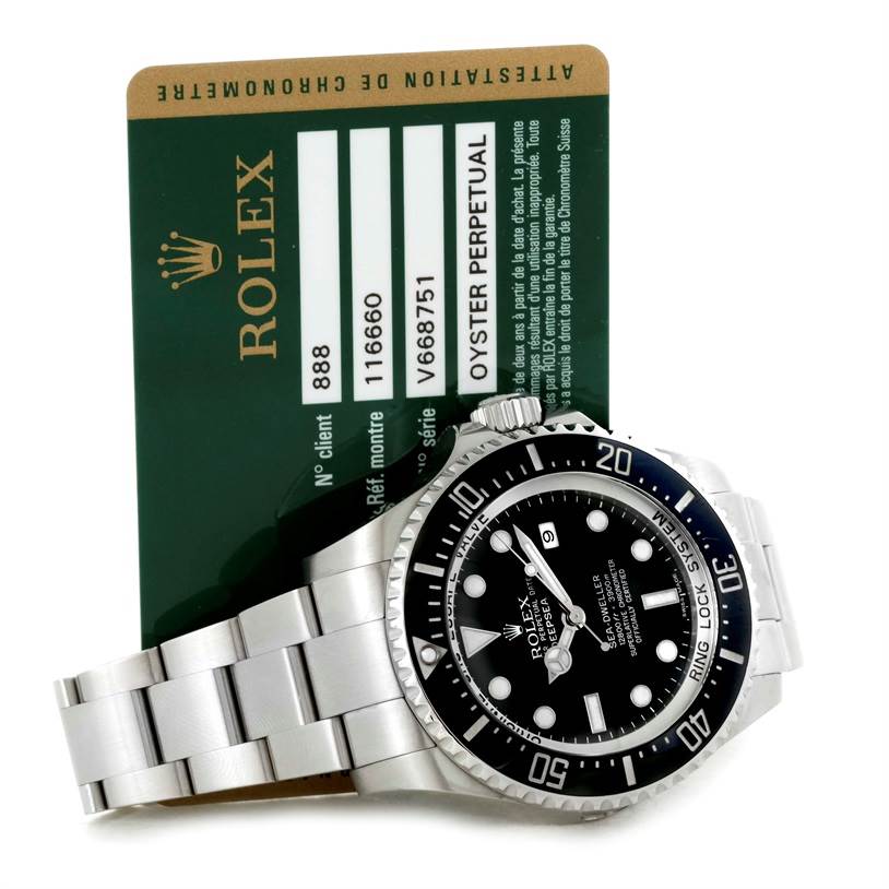 The image shows a Rolex Sea-Dweller 116660 Men's Stainless Steel Black Dial 116660 Men's Stainless Steel Black Dial watch at an angle displaying the dial, bezel, bracelet, and accompanying Oyster Perpetual certificate.