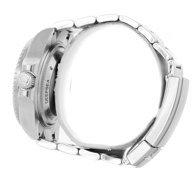 The image shows a side view of the Rolex Sea-Dweller 116660 Men's Stainless Steel Black Dial 116660 Men's Stainless Steel Black Dial watch, highlighting the crown, case, and bracelet.