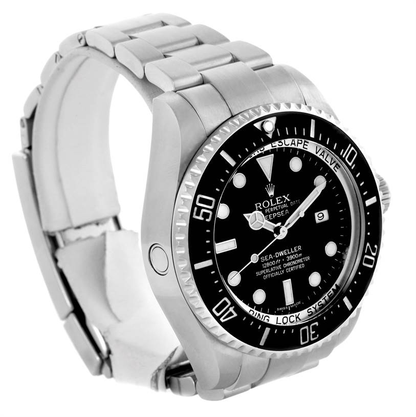 The Rolex Sea-Dweller 116660 Men's Stainless Steel Black Dial 116660 Men's Stainless Steel Black Dial watch is shown at a slight angle, displaying the face, bezel, and part of the bracelet.