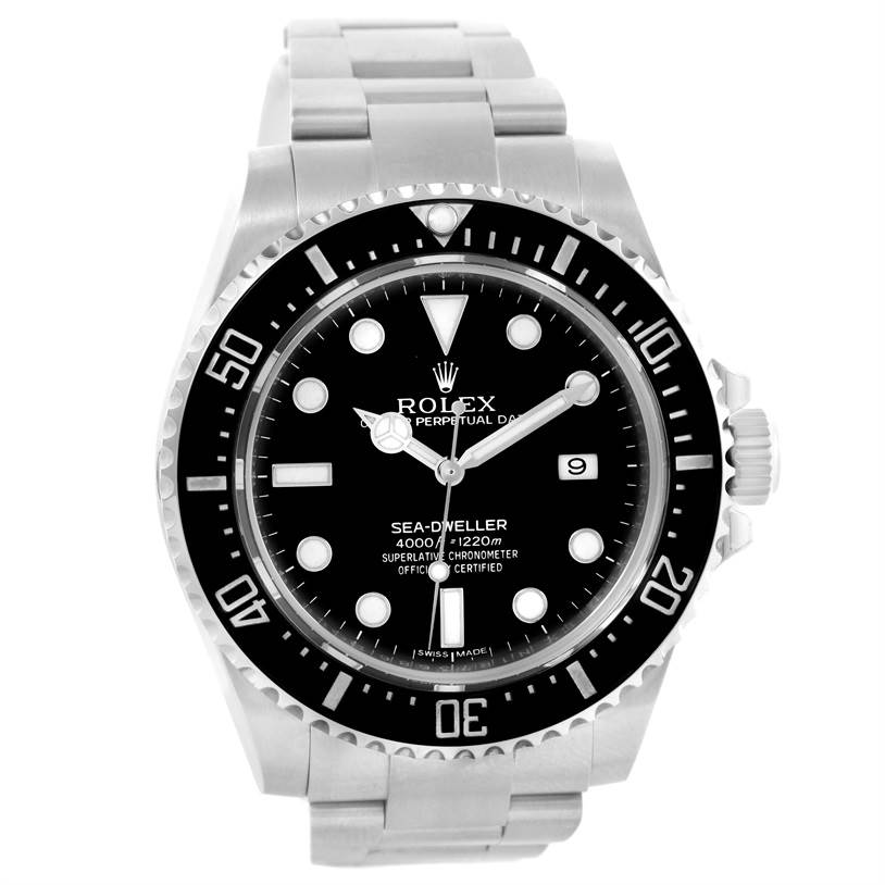 The image shows a front view of the Rolex Sea-Dweller 116600 Men
s Stainless Steel Black Dial 116600 Men
s Stainless Steel Black Dial watch, displaying the dial, bezel, crown, and bracelet.