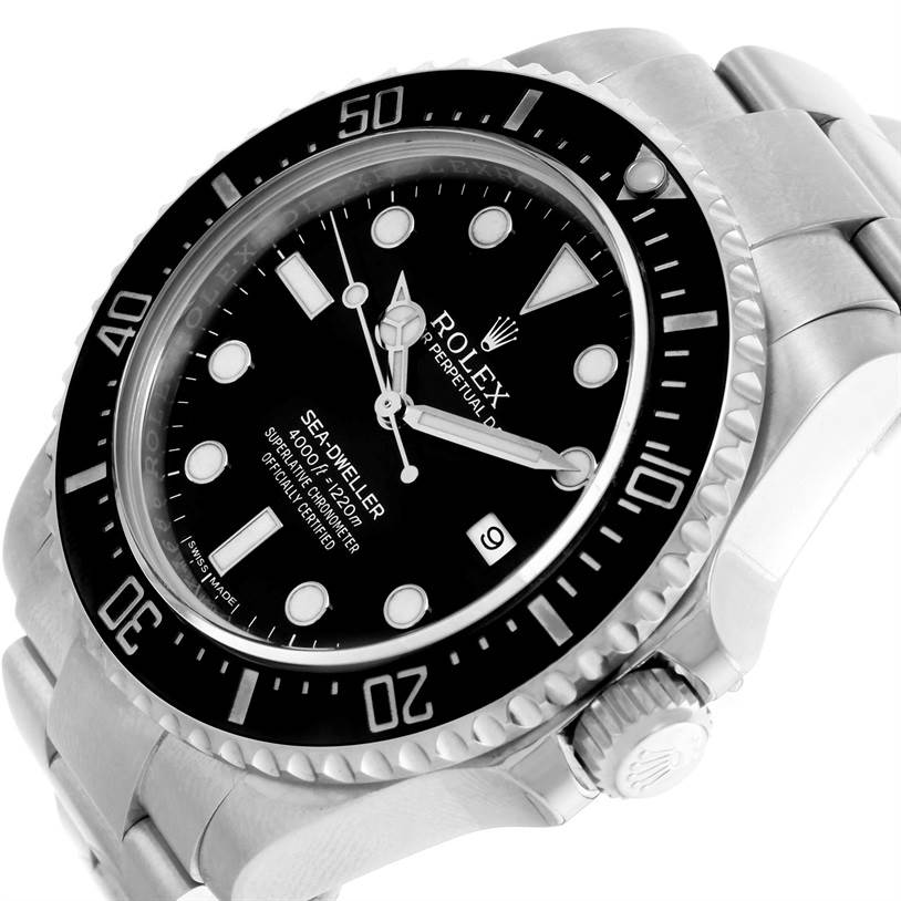 The image shows a close-up angled view of a Rolex Sea-Dweller 116600 Men
s Stainless Steel Black Dial 116600 Men
s Stainless Steel Black Dial watch, highlighting its face, bezel, and part of the bracelet.