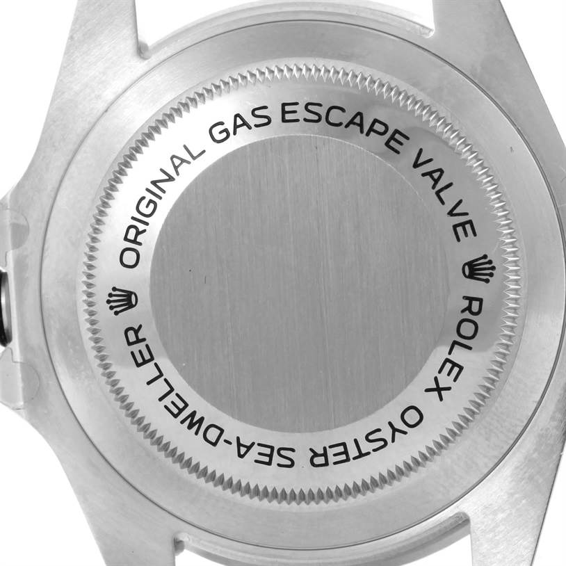 This image shows the back case of a Rolex Sea-Dweller 116600 Men
s Stainless Steel Black Dial 116600 Men
s Stainless Steel Black Dial watch, highlighting the "Original Gas Escape Valve" text.