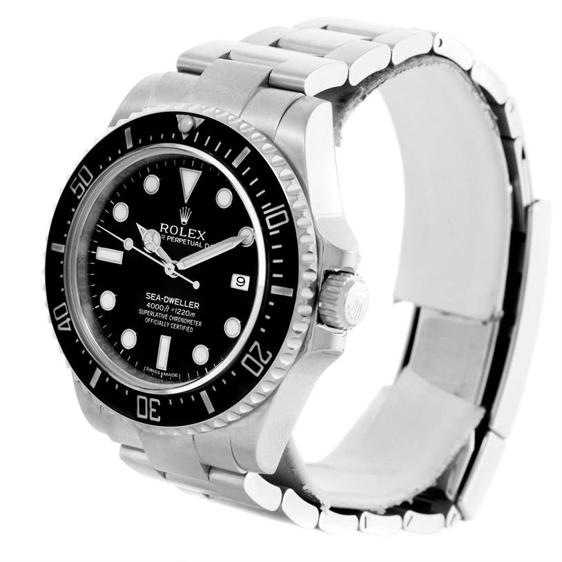 The Rolex Sea-Dweller 116600 Men
s Stainless Steel Black Dial 116600 Men
s Stainless Steel Black Dial watch is shown at a three-quarter angle, displaying the face, bezel, crown, and bracelet.