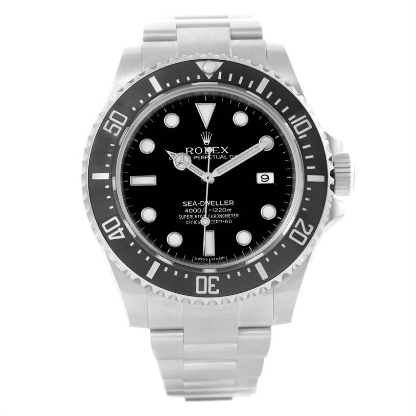 The image shows a front view of the Rolex Sea-Dweller 116600 Men
s Stainless Steel Black Dial 116600 Men
s Stainless Steel Black Dial watch, featuring its face, bezel, and bracelet.