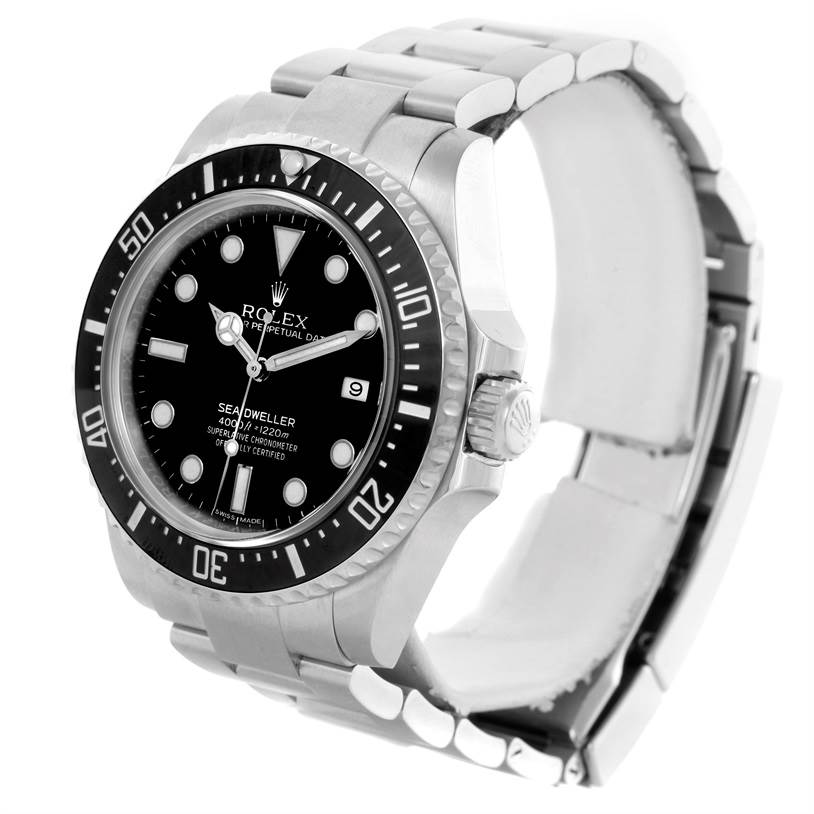 The Rolex Sea-Dweller 116600 Men
s Stainless Steel Black Dial 116600 Men
s Stainless Steel Black Dial watch is shown at an angled front view, displaying the dial, bezel, and part of the bracelet.