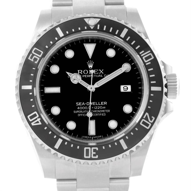 The image shows a front view of the Rolex Sea-Dweller 116600 Men
s Stainless Steel Black Dial 116600 Men
s Stainless Steel Black Dial watch, highlighting its bezel, dial, hands, and date window.