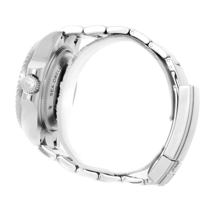 The image shows a side view of a Rolex Sea-Dweller 116660 Men's Stainless Steel Black Dial 116660 Men's Stainless Steel Black Dial watch, highlighting the bracelet, clasp, and crown.