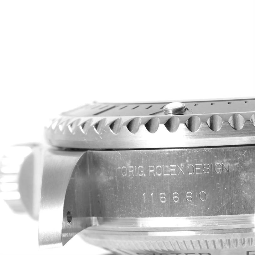 The image shows a close-up side view of the bezel and case of the Rolex Sea-Dweller 116660 Men's Stainless Steel Black Dial 116660 Men's Stainless Steel Black Dial model.