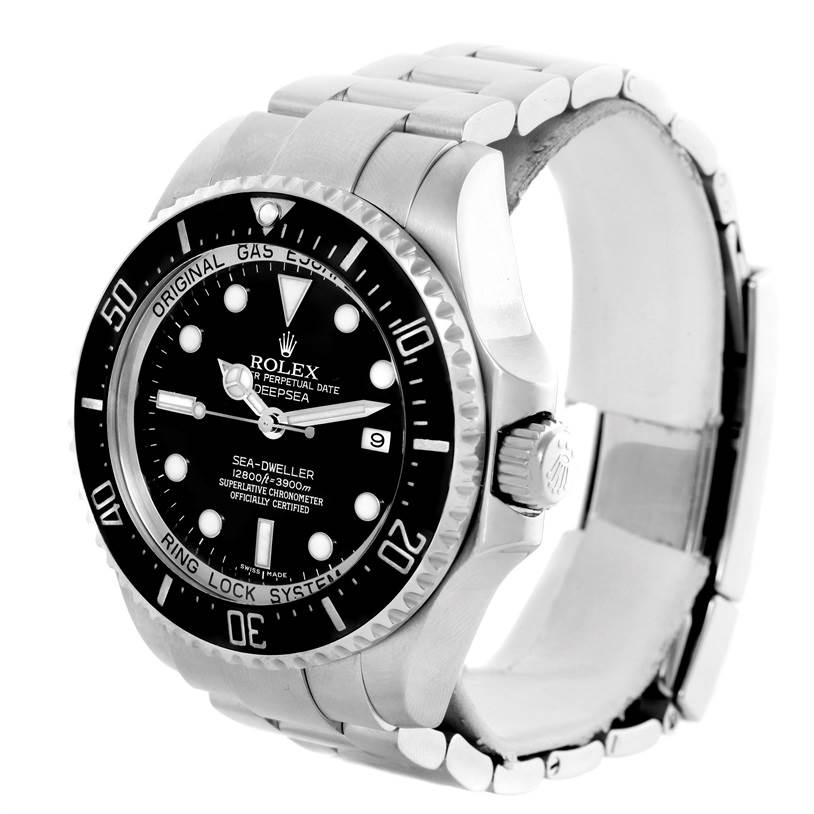 The Rolex Sea-Dweller 116660 Men's Stainless Steel Black Dial 116660 Men's Stainless Steel Black Dial watch is shown at an angle highlighting the dial, bezel, crown, and part of the bracelet.