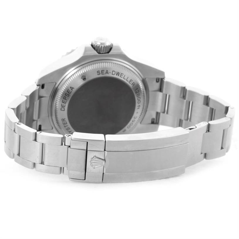 The image shows the back and bracelet of a Rolex Sea-Dweller 116660 Men's Stainless Steel Black Dial 116660 Men's Stainless Steel Black Dial watch, displaying the clasp and case back at an angle.
