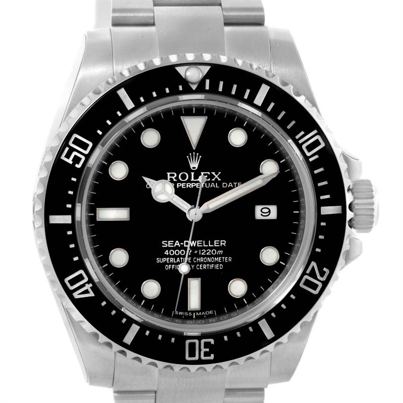 The image shows a front view of the Rolex Sea-Dweller 116600 Men's Stainless Steel Black Dial 116600 Men's Stainless Steel Black Dial watch, displaying its face, bezel, and part of the bracelet.