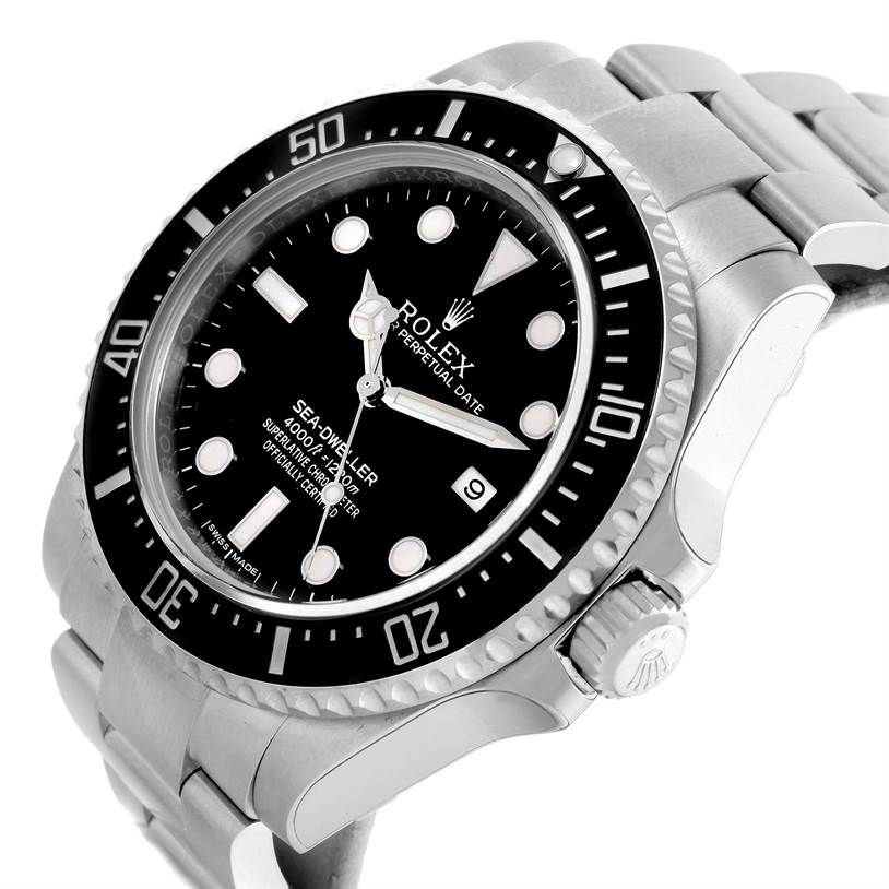 The image displays a Rolex Sea-Dweller 116600 Men's Stainless Steel Black Dial 116600 Men's Stainless Steel Black Dial watch from an angled side view, showcasing the dial, bezel, and part of the bracelet.