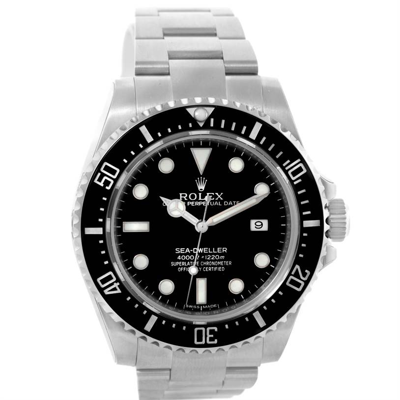 This image shows a full front view of the Rolex Sea-Dweller 116600 Men's Stainless Steel Black Dial 116600 Men's Stainless Steel Black Dial watch, highlighting its dial, bezel, and bracelet.
