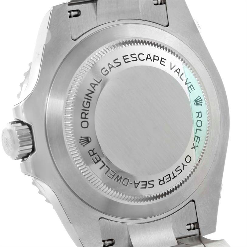 The image shows the case back of a Rolex Sea-Dweller 116600 Men's Stainless Steel Black Dial 116600 Men's Stainless Steel Black Dial watch, highlighting the gas escape valve and the brand markings.
