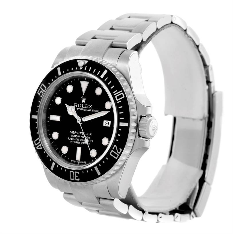 The image shows a side angle of the Rolex Sea-Dweller 116600 Men's Stainless Steel Black Dial 116600 Men's Stainless Steel Black Dial watch, highlighting the bezel, dial, case, crown, and part of the bracelet.