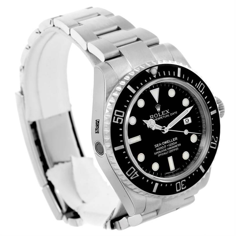 The Rolex Sea-Dweller 116600 Men's Stainless Steel Black Dial 116600 Men's Stainless Steel Black Dial watch is shown at a three-quarter angle, displaying the face, bezel, and part of the bracelet.