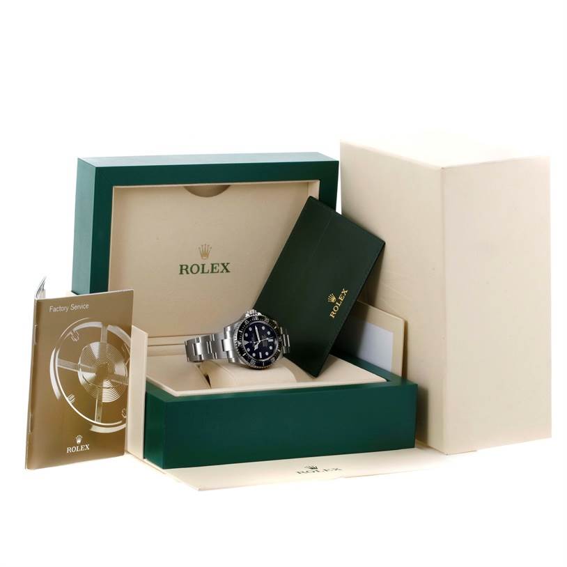 The image shows a Rolex Sea-Dweller 116600 Men's Stainless Steel Black Dial 116600 Men's Stainless Steel Black Dial watch along with its packaging, manuals, and cardholder, presented from a front angle.
