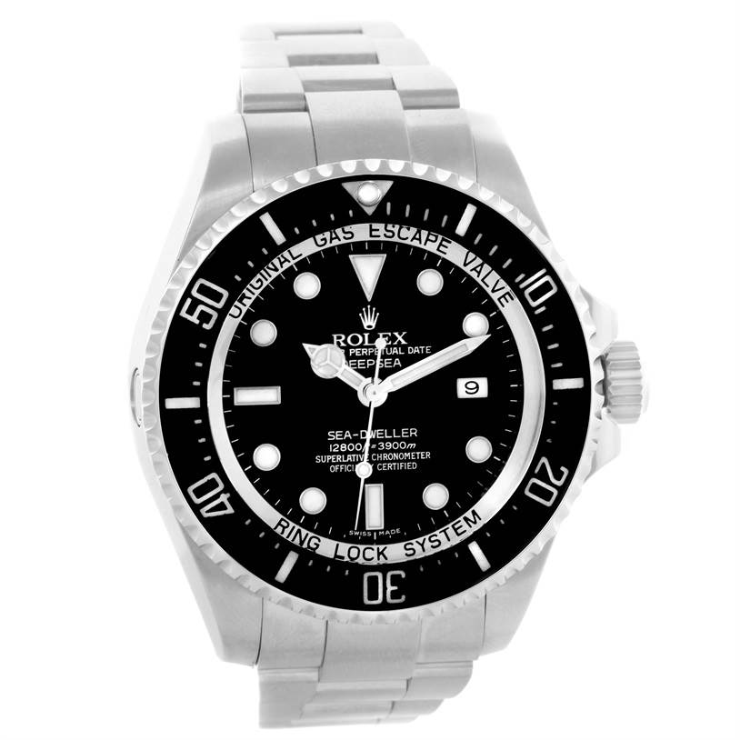 The image shows a front view of a Rolex Sea-Dweller 116660 Men's Stainless Steel Black Dial 116660 Men's Stainless Steel Black Dial watch, highlighting its dial, bezel, and bracelet.