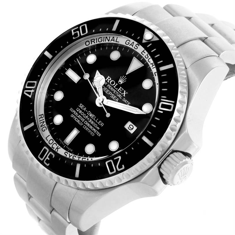 The image shows a Rolex Sea-Dweller 116660 Men's Stainless Steel Black Dial 116660 Men's Stainless Steel Black Dial watch from a tilted front angle, highlighting its dial, bezel, bracelet, and crown.