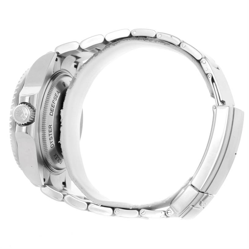 The image shows a side view of the Rolex Sea-Dweller 116660 Men's Stainless Steel Black Dial 116660 Men's Stainless Steel Black Dial watch, highlighting the Oyster case, crown, and bracelet.