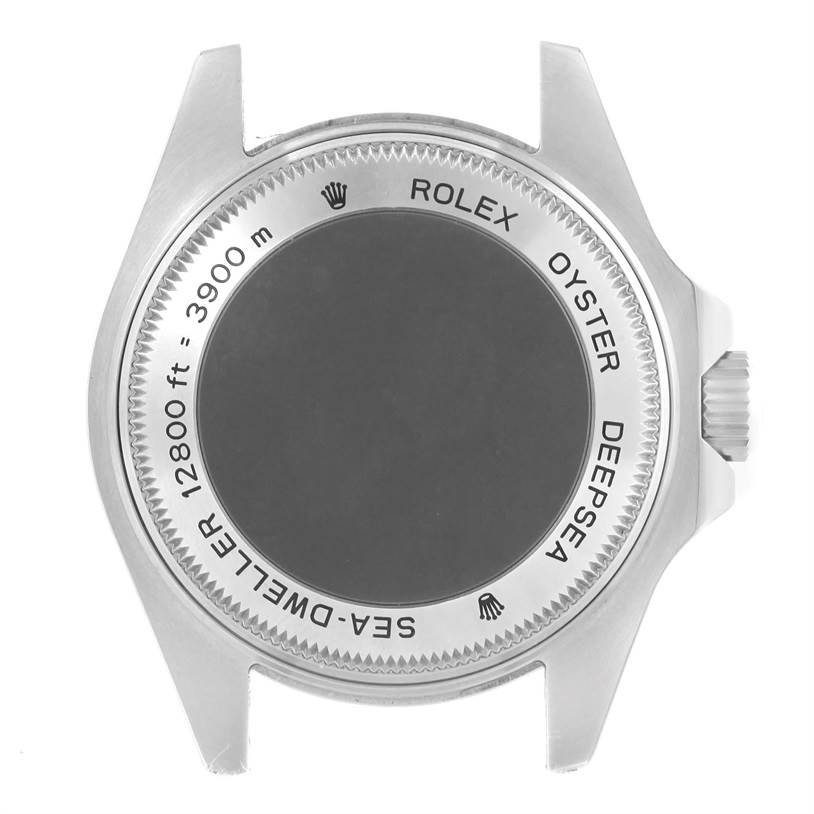 The image shows the back case of a Rolex Sea-Dweller 116660 Men's Stainless Steel Black Dial 116660 Men's Stainless Steel Black Dial watch, highlighting "12800 ft = 3900 m" water resistance.