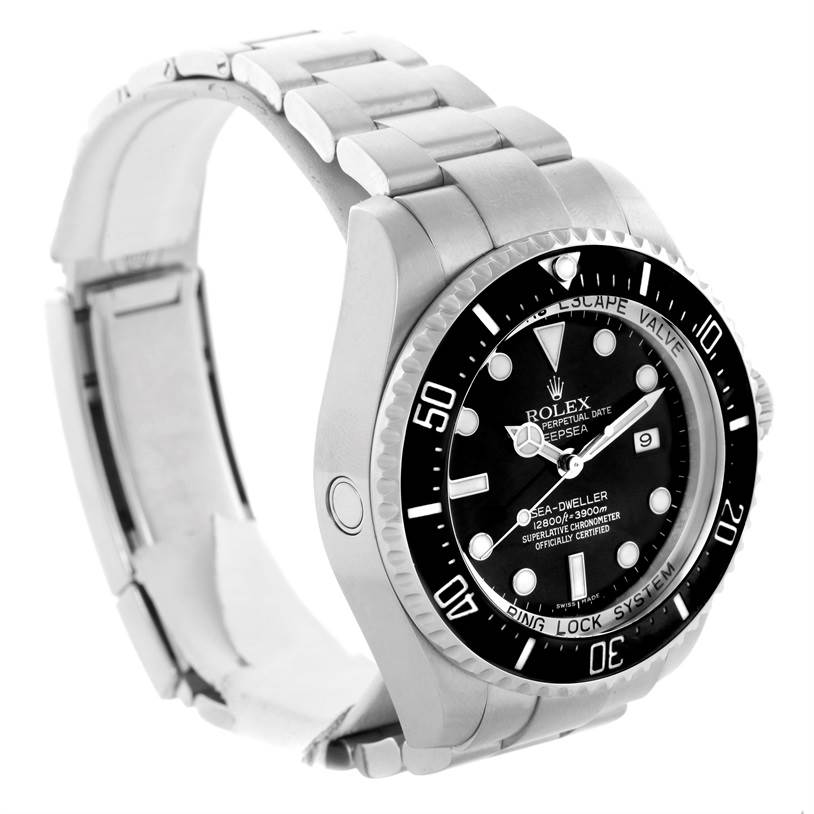 The image shows a side and partial front view of a Rolex Sea-Dweller 116660 Men's Stainless Steel Black Dial 116660 Men's Stainless Steel Black Dial watch, highlighting its face, bezel, and bracelet.
