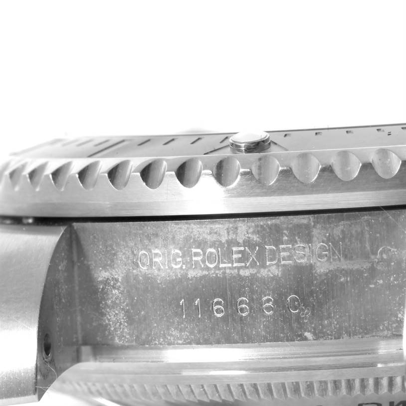 The image shows a close-up side angle of the bezel and case of a Rolex Sea-Dweller 116660 Men's Stainless Steel Black Dial 116660 Men's Stainless Steel Black Dial watch, including its model number 116660.