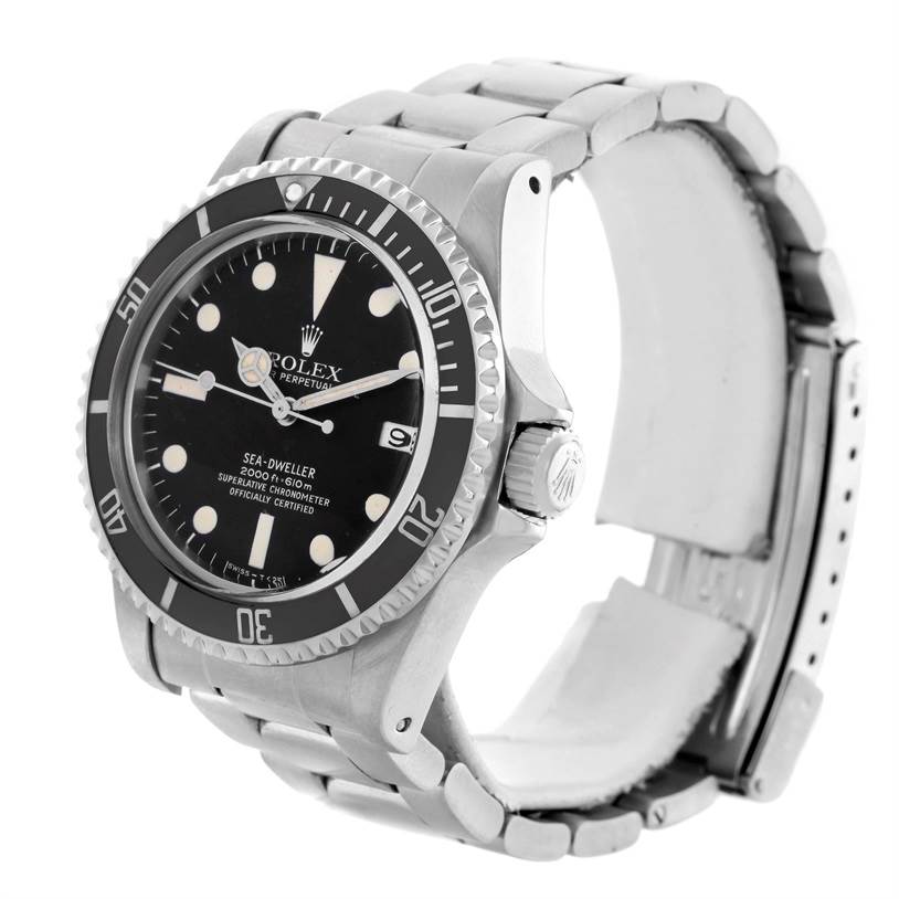 The image shows a Rolex Sea-Dweller 1665 Men's Stainless Steel Black Dial 1665 Men's Stainless Steel Black Dial watch from a three-quarter angle, highlighting its face, bezel, and bracelet.