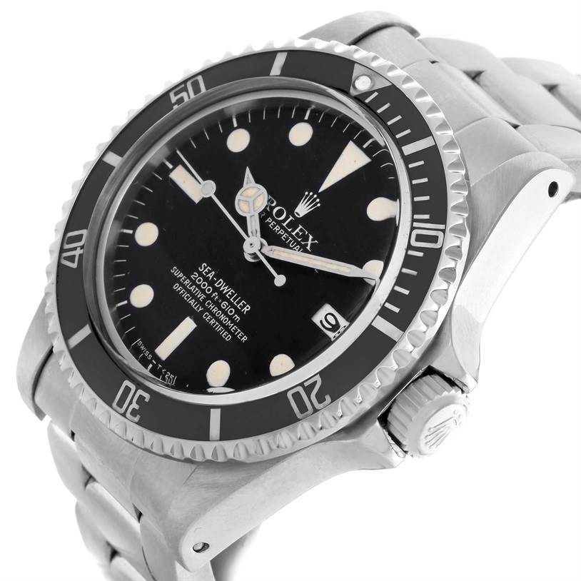This image shows a close-up angled view of the Rolex Sea-Dweller 1665 Men's Stainless Steel Black Dial 1665 Men's Stainless Steel Black Dial, highlighting the dial, bezel, crown, and part of the bracelet.