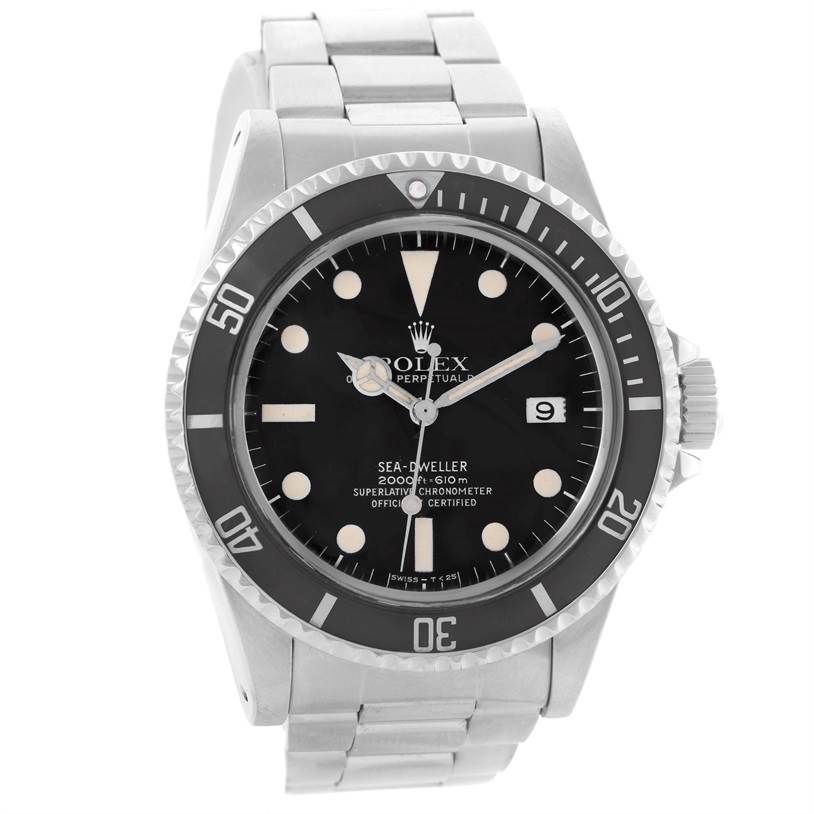 The image shows a front view of a Rolex Sea-Dweller 1665 Men's Stainless Steel Black Dial 1665 Men's Stainless Steel Black Dial watch, highlighting the dial, bezel, and bracelet.