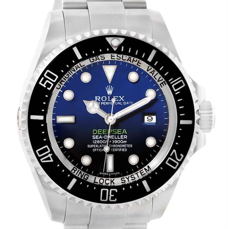 The image shows a front view of the Rolex Sea-Dweller watch, displaying its dial, bezel, crown, and part of the bracelet.