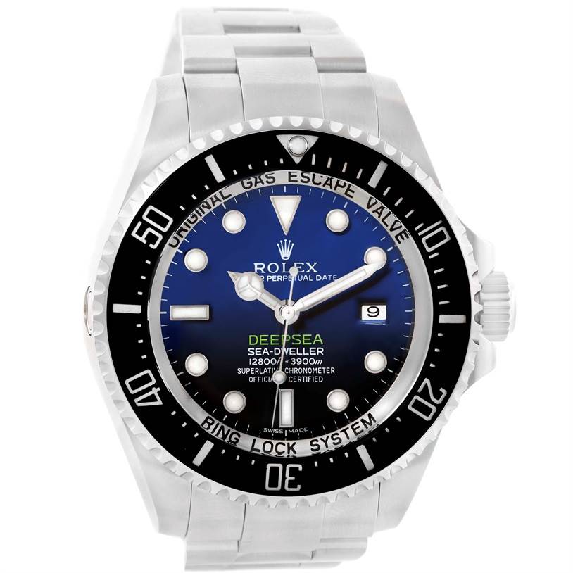 This Rolex Sea-Dweller 116660 Men
s Stainless Steel Blue Dial 116660 Men
s Stainless Steel Blue Dial watch is shown from a frontal angle, displaying the face, bezel, and bracelet.
