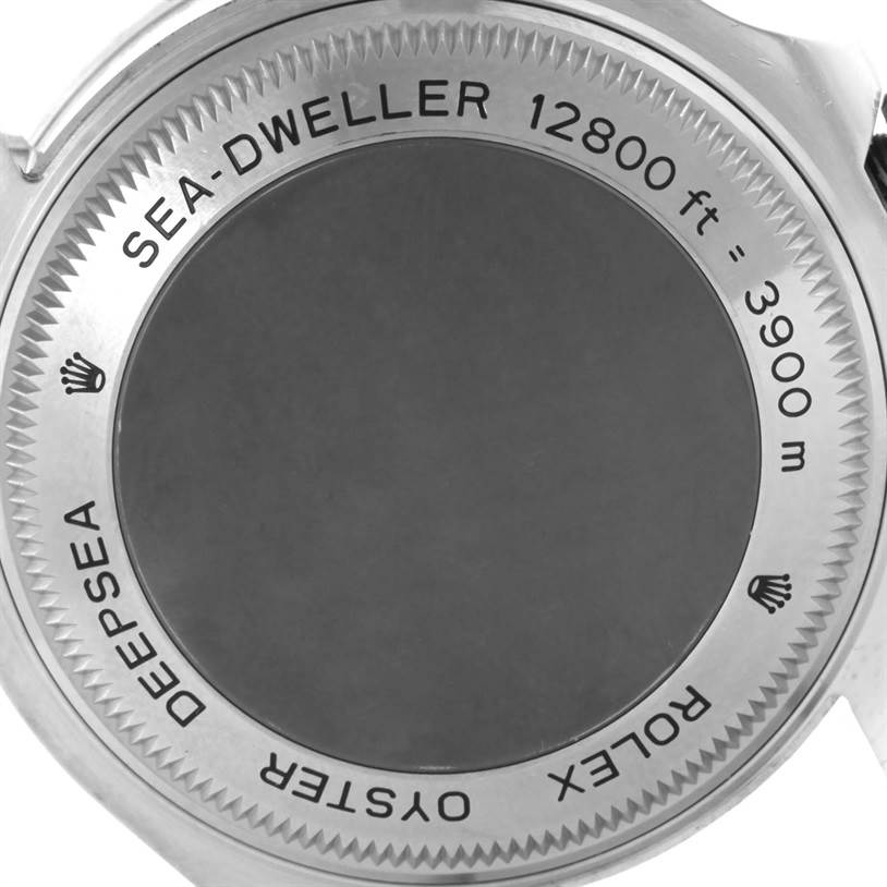 The image shows the case back of the Rolex Sea-Dweller 116660 Men's Stainless Steel Blue Dial 116660 Men's Stainless Steel Blue Dial watch, displaying depth ratings and model information.