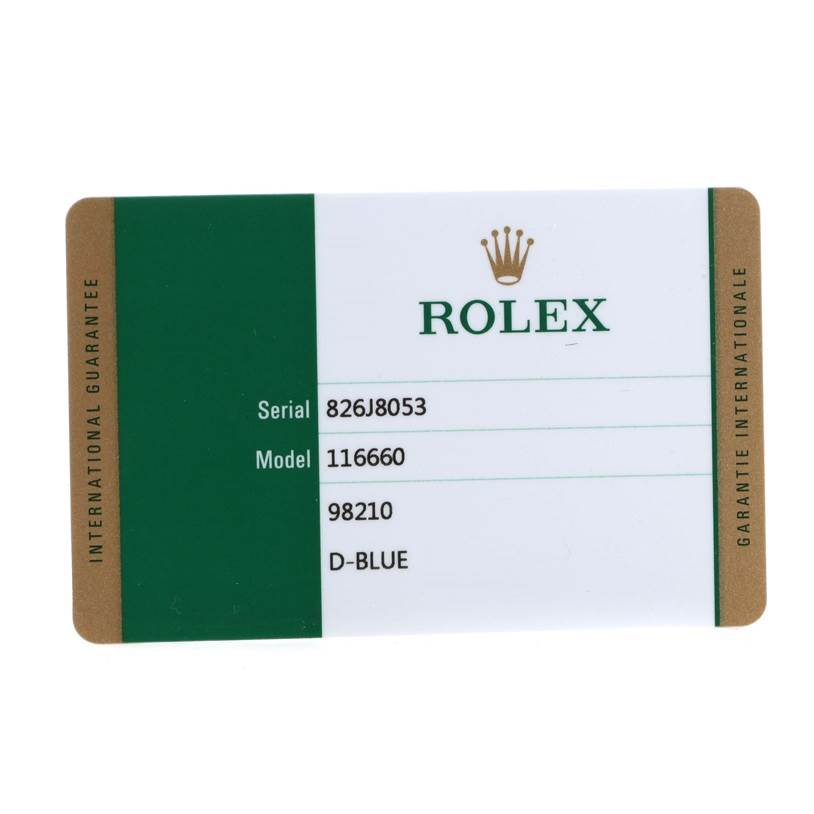 The image shows a Rolex Sea-Dweller 116660 Men's Stainless Steel Blue Dial 116660 Men's Stainless Steel Blue Dial model 116660 international guarantee card.